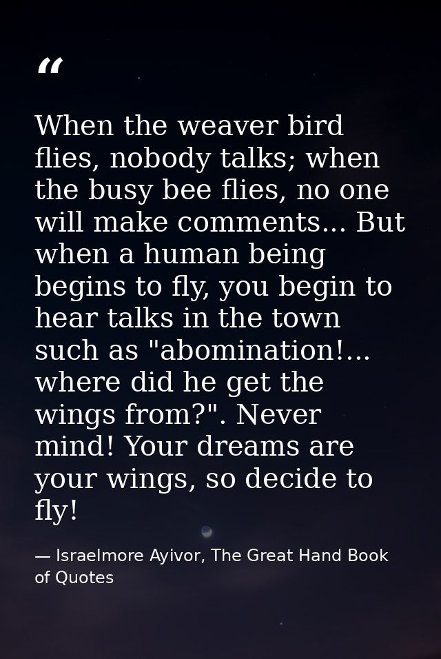 When the weaver bird flies, nobody talks; when the busy bee flies, no one will make comments... But when a human being b — Israelmore Ayivor, The Great Hand Book of Quotes