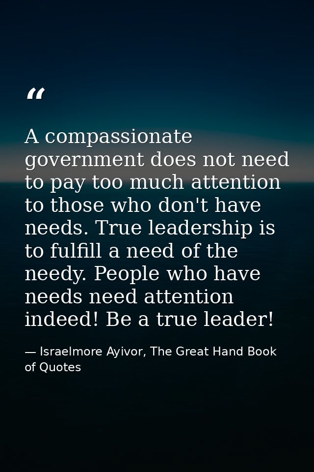 A compassionate government does not need to pay too much attention to those who don't have needs. True leadership is to  — Israelmore Ayivor, The Great Hand Book of Quotes