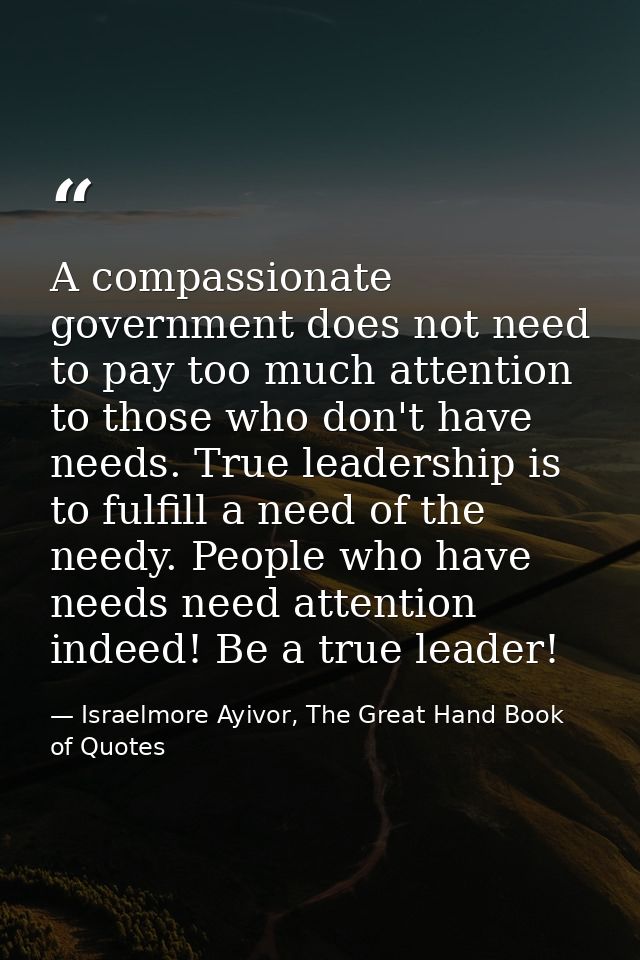 A compassionate government does not need to pay too much attention to those who don't have needs. True leadership is to  — Israelmore Ayivor, The Great Hand Book of Quotes