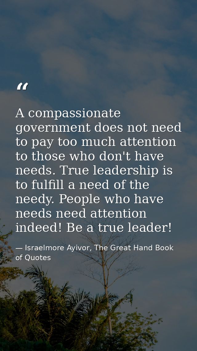A compassionate government does not need to pay too much attention to those who don't have needs. True leadership is to  — Israelmore Ayivor, The Great Hand Book of Quotes