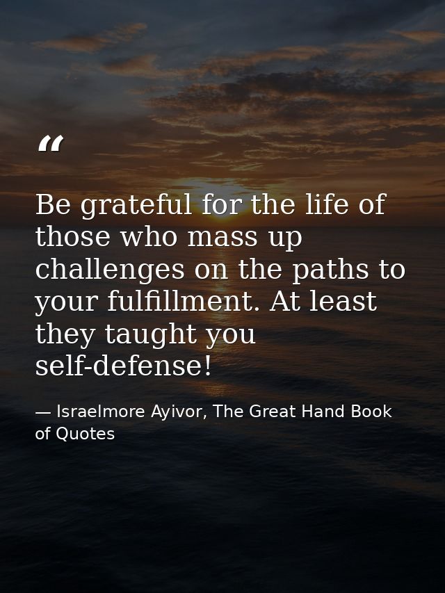 Be grateful for the life of those who mass up challenges on the paths to your fulfillment. At least they taught you self — Israelmore Ayivor, The Great Hand Book of Quotes