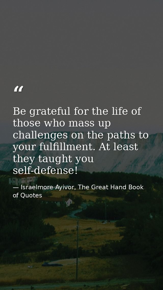 Be grateful for the life of those who mass up challenges on the paths to your fulfillment. At least they taught you self — Israelmore Ayivor, The Great Hand Book of Quotes