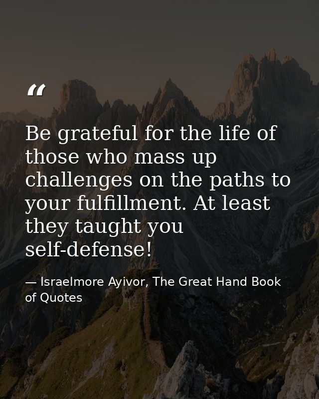 Be grateful for the life of those who mass up challenges on the paths to your fulfillment. At least they taught you self — Israelmore Ayivor, The Great Hand Book of Quotes