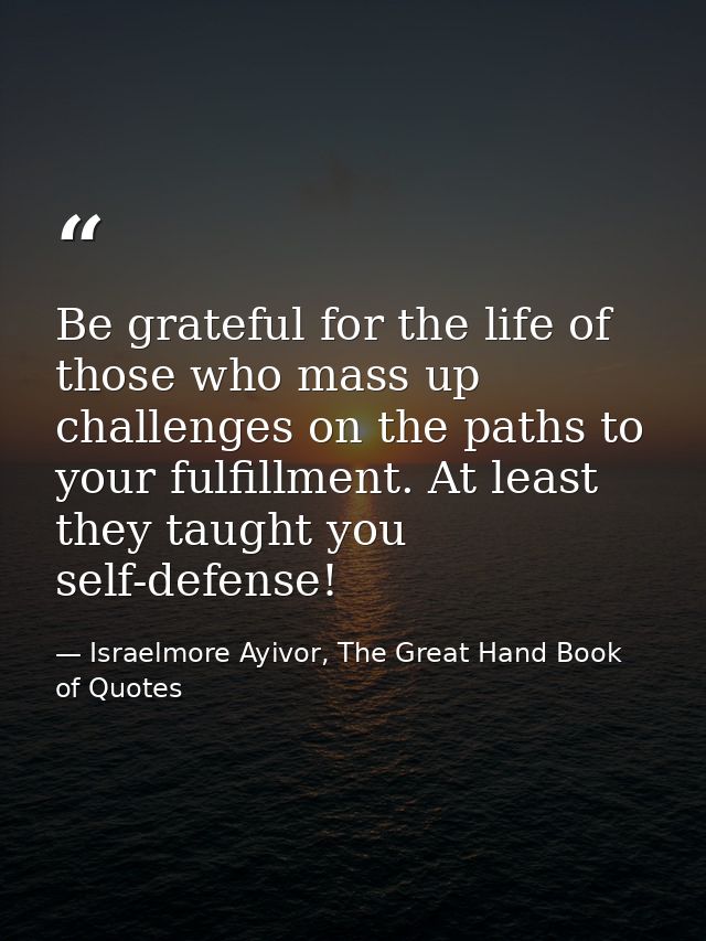 Be grateful for the life of those who mass up challenges on the paths to your fulfillment. At least they taught you self — Israelmore Ayivor, The Great Hand Book of Quotes
