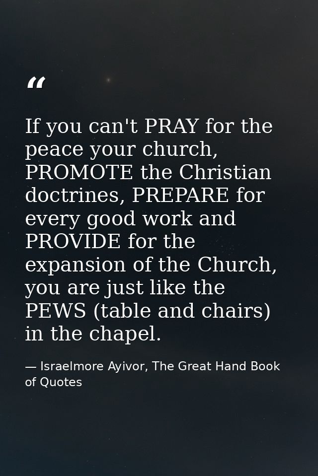 If you can't PRAY for the peace your church, PROMOTE the Christian doctrines, PREPARE for every good work and PROVIDE fo — Israelmore Ayivor, The Great Hand Book of Quotes