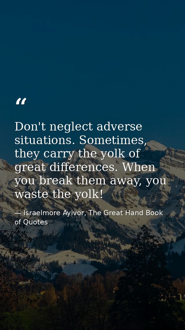 Don't neglect adverse situations. Sometimes, they carry the yolk of great differences. When you break them away, you was — Israelmore Ayivor, The Great Hand Book of Quotes