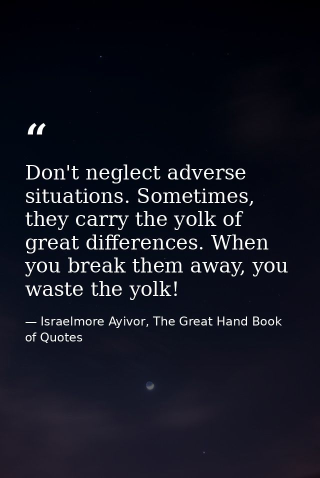Don't neglect adverse situations. Sometimes, they carry the yolk of great differences. When you break them away, you was — Israelmore Ayivor, The Great Hand Book of Quotes
