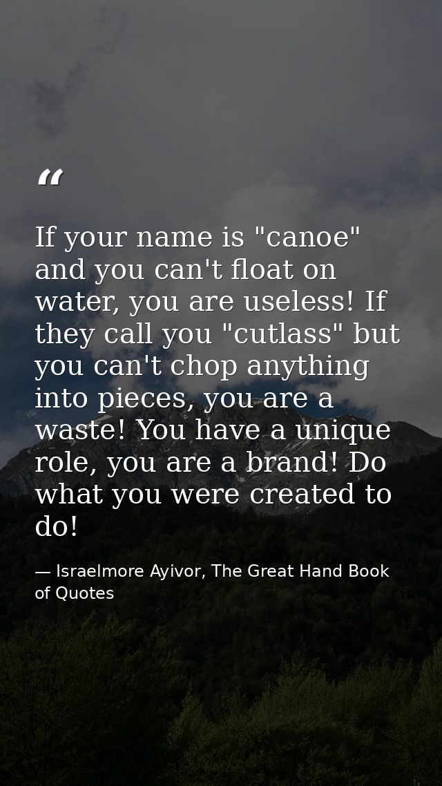 If your name is "canoe" and you can't float on water, you are useless! If they call you "cutlass" but you can't chop any — Israelmore Ayivor, The Great Hand Book of Quotes