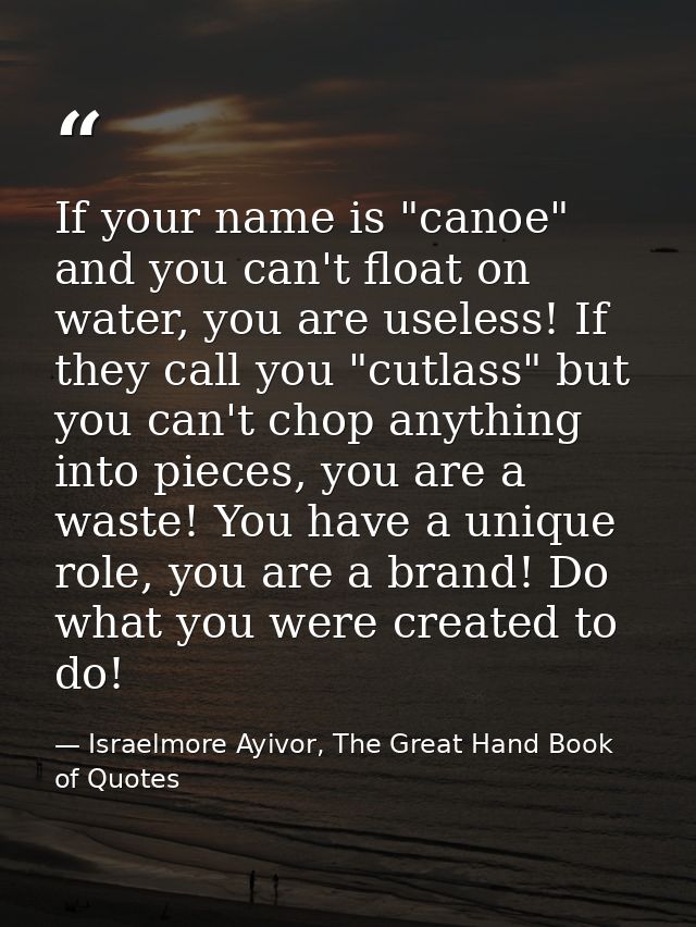 If your name is "canoe" and you can't float on water, you are useless! If they call you "cutlass" but you can't chop any — Israelmore Ayivor, The Great Hand Book of Quotes