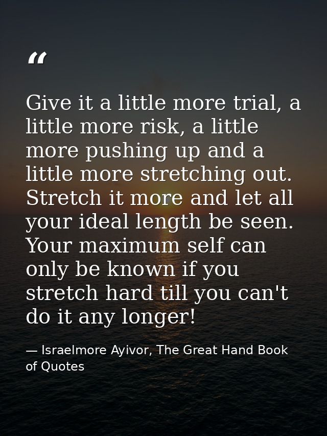 Give it a little more trial, a little more risk, a little more pushing up and a little more stretching out. Stretch it m — Israelmore Ayivor, The Great Hand Book of Quotes