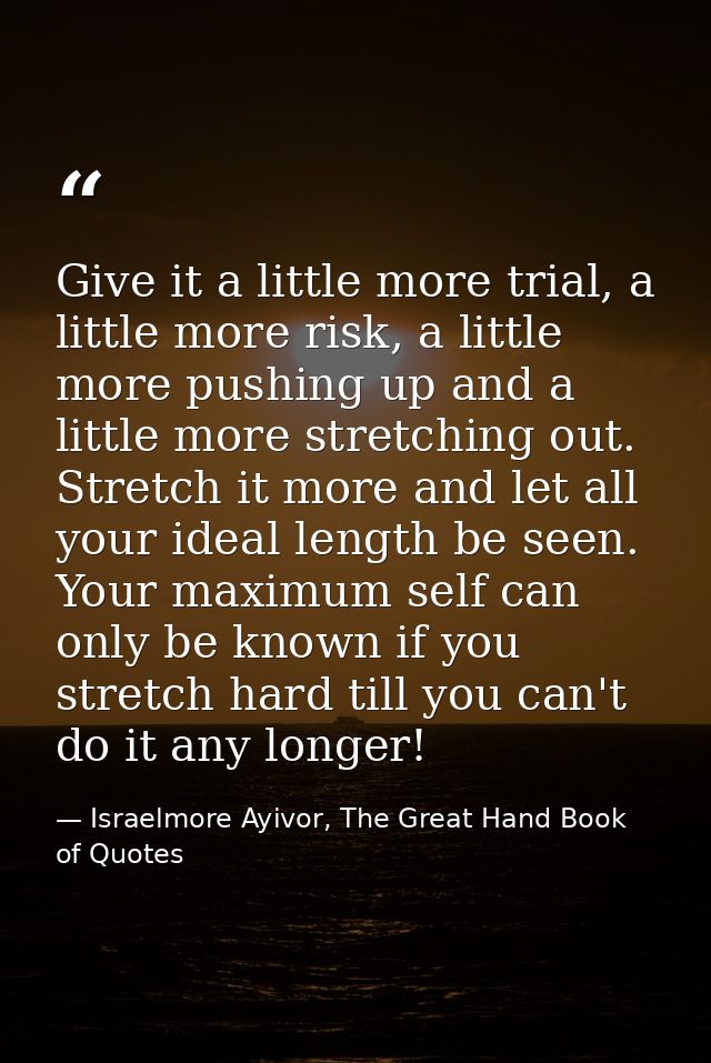Give it a little more trial, a little more risk, a little more pushing up and a little more stretching out. Stretch it m — Israelmore Ayivor, The Great Hand Book of Quotes