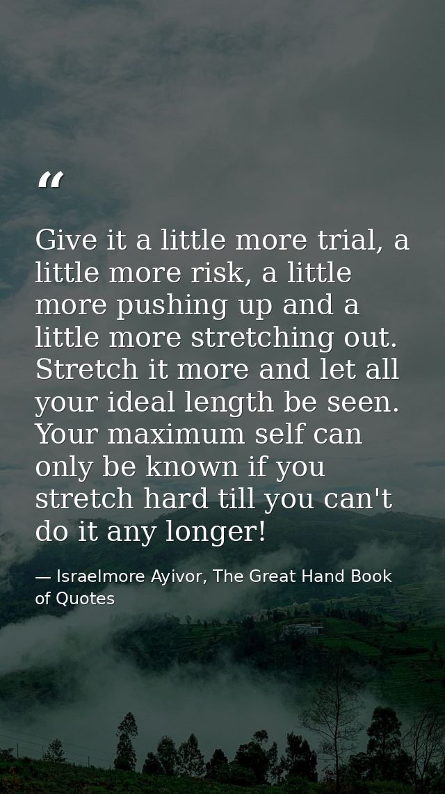 Give it a little more trial, a little more risk, a little more pushing up and a little more stretching out. Stretch it m — Israelmore Ayivor, The Great Hand Book of Quotes