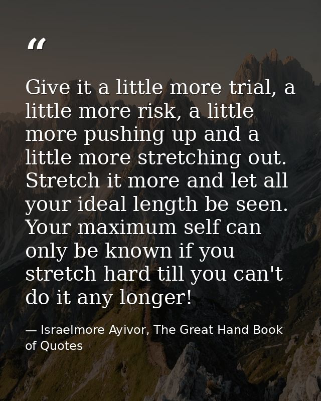 Give it a little more trial, a little more risk, a little more pushing up and a little more stretching out. Stretch it m — Israelmore Ayivor, The Great Hand Book of Quotes