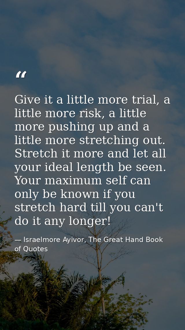 Give it a little more trial, a little more risk, a little more pushing up and a little more stretching out. Stretch it m — Israelmore Ayivor, The Great Hand Book of Quotes