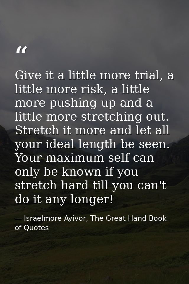 Give it a little more trial, a little more risk, a little more pushing up and a little more stretching out. Stretch it m — Israelmore Ayivor, The Great Hand Book of Quotes