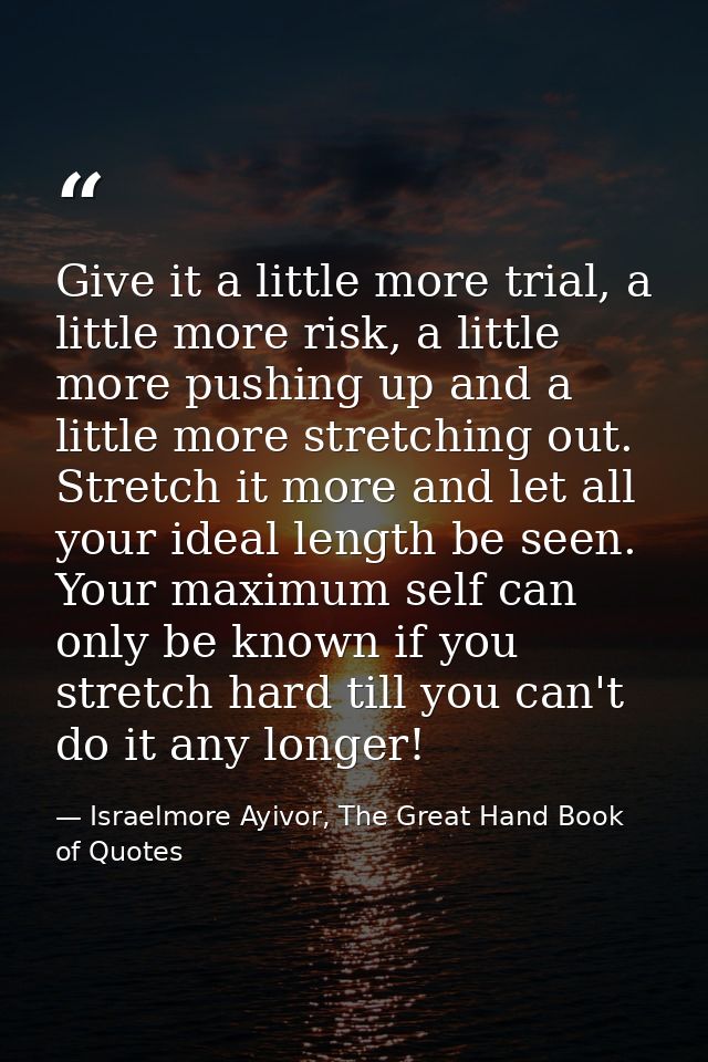 Give it a little more trial, a little more risk, a little more pushing up and a little more stretching out. Stretch it m — Israelmore Ayivor, The Great Hand Book of Quotes