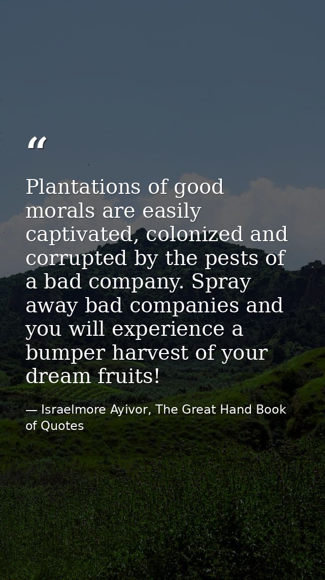 Plantations of good morals are easily captivated, colonized and corrupted by the pests of a bad company. Spray away bad  — Israelmore Ayivor, The Great Hand Book of Quotes