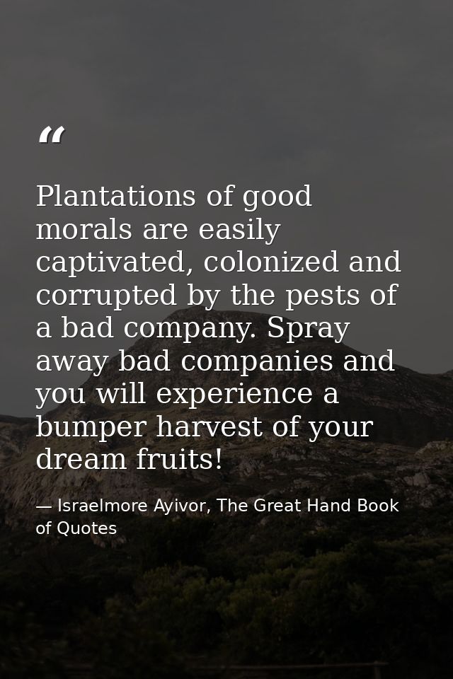 Plantations of good morals are easily captivated, colonized and corrupted by the pests of a bad company. Spray away bad  — Israelmore Ayivor, The Great Hand Book of Quotes
