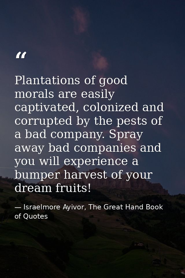 Plantations of good morals are easily captivated, colonized and corrupted by the pests of a bad company. Spray away bad  — Israelmore Ayivor, The Great Hand Book of Quotes