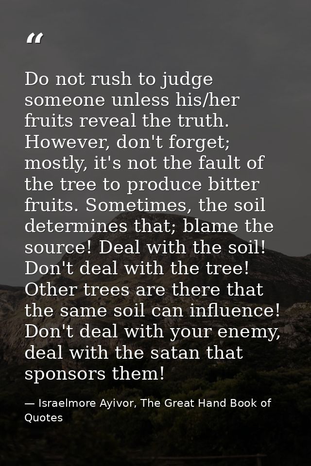 Do not rush to judge someone unless his/her fruits reveal the truth. However, don't forget; mostly, it's not the fault o — Israelmore Ayivor, The Great Hand Book of Quotes