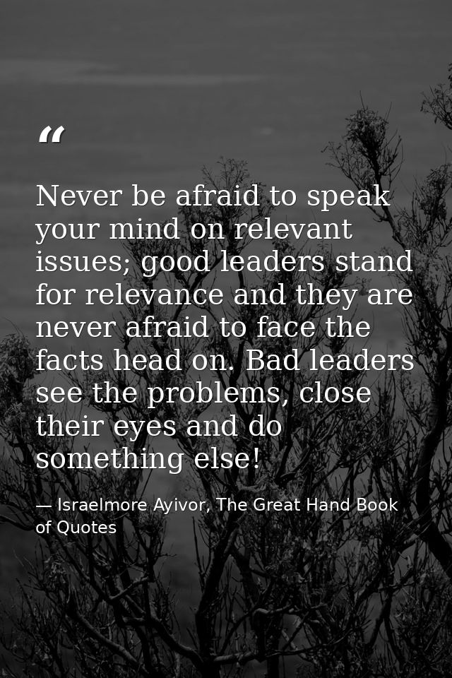 Never be afraid to speak your mind on relevant issues; good leaders stand for relevance and they are never afraid to fac — Israelmore Ayivor, The Great Hand Book of Quotes
