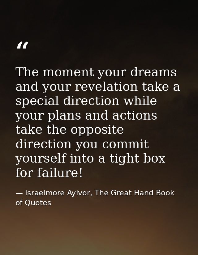 The moment your dreams and your revelation take a special direction while your plans and actions take the opposite direc — Israelmore Ayivor, The Great Hand Book of Quotes