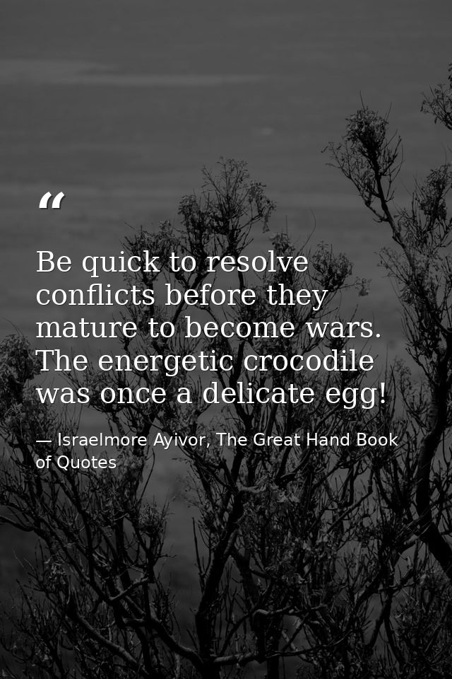 Be quick to resolve conflicts before they mature to become wars. The energetic crocodile was once a delicate egg! — Israelmore Ayivor, The Great Hand Book of Quotes