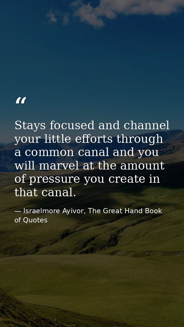 Stays focused and channel your little efforts through a common canal and you will marvel at the amount of pressure you c — Israelmore Ayivor, The Great Hand Book of Quotes