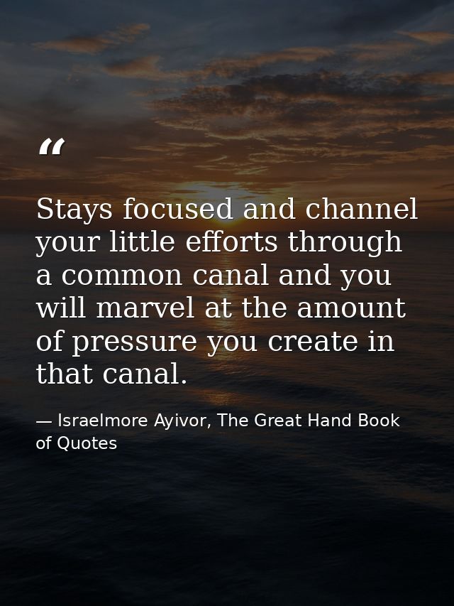 Stays focused and channel your little efforts through a common canal and you will marvel at the amount of pressure you c — Israelmore Ayivor, The Great Hand Book of Quotes
