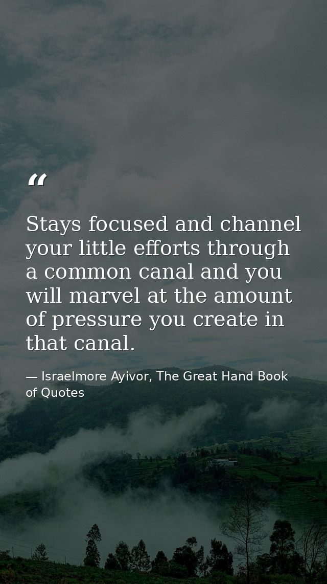 Stays focused and channel your little efforts through a common canal and you will marvel at the amount of pressure you c — Israelmore Ayivor, The Great Hand Book of Quotes