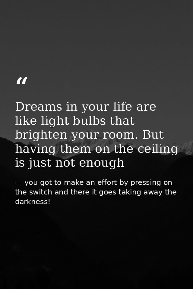 Dreams in your life are like light bulbs that brighten your room. But having them on the ceiling is just not enough — you got to make an effort by pressing on the switch and there it goes taking away the darkness!