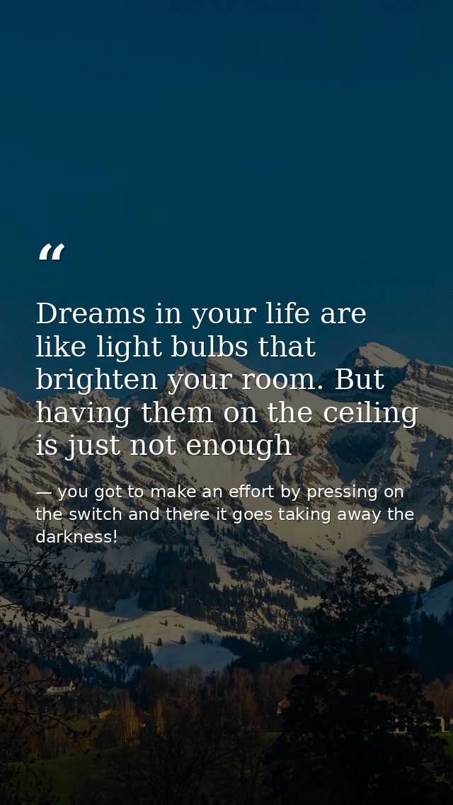Dreams in your life are like light bulbs that brighten your room. But having them on the ceiling is just not enough — you got to make an effort by pressing on the switch and there it goes taking away the darkness!