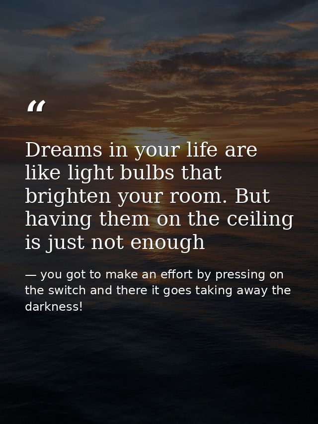 Dreams in your life are like light bulbs that brighten your room. But having them on the ceiling is just not enough — you got to make an effort by pressing on the switch and there it goes taking away the darkness!