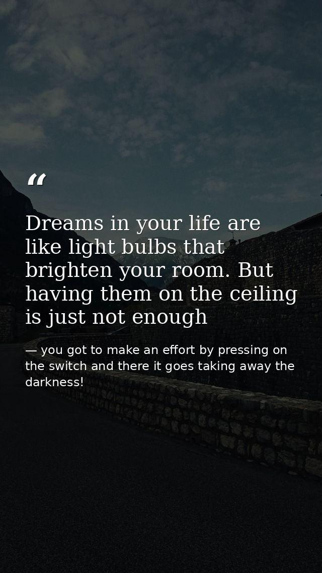Dreams in your life are like light bulbs that brighten your room. But having them on the ceiling is just not enough — you got to make an effort by pressing on the switch and there it goes taking away the darkness!
