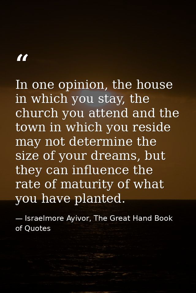 In one opinion, the house in which you stay, the church you attend and the town in which you reside may not determine th — Israelmore Ayivor, The Great Hand Book of Quotes
