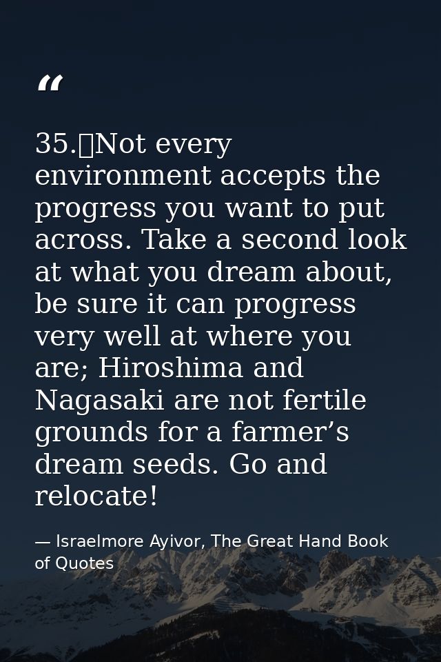 35.	Not every environment accepts the progress you want to put across. Take a second look at what you dream about, be su — Israelmore Ayivor, The Great Hand Book of Quotes