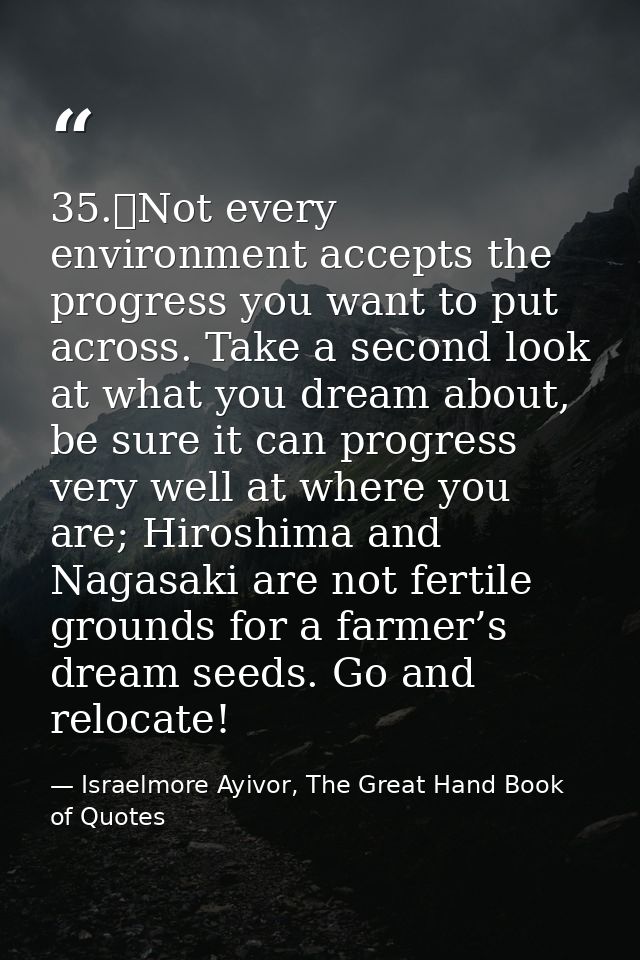35.	Not every environment accepts the progress you want to put across. Take a second look at what you dream about, be su — Israelmore Ayivor, The Great Hand Book of Quotes