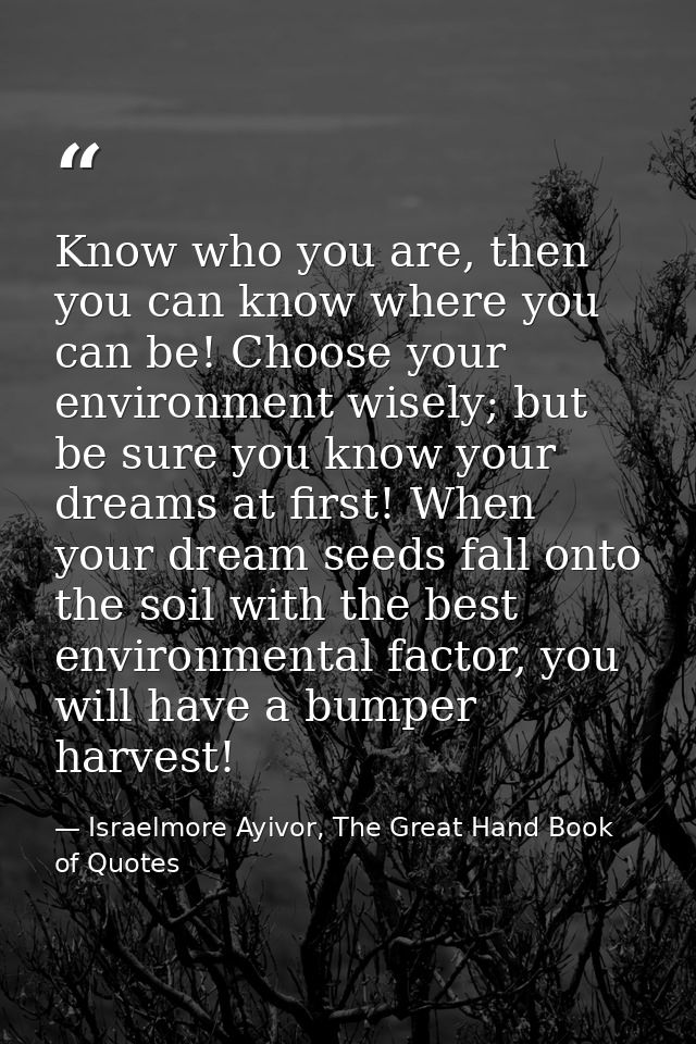 Know who you are, then you can know where you can be! Choose your environment wisely; but be sure you know your dreams a — Israelmore Ayivor, The Great Hand Book of Quotes