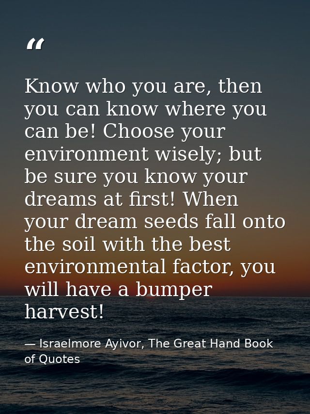 Know who you are, then you can know where you can be! Choose your environment wisely; but be sure you know your dreams a — Israelmore Ayivor, The Great Hand Book of Quotes