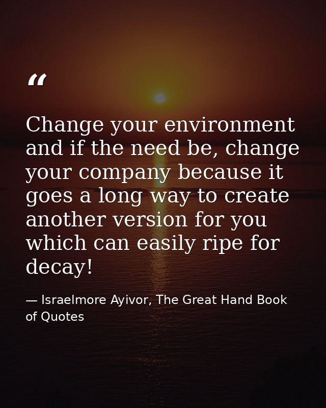 Change your environment and if the need be, change your company because it goes a long way to create another version for — Israelmore Ayivor, The Great Hand Book of Quotes