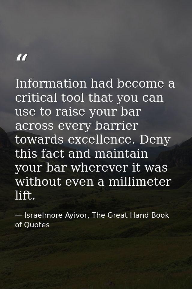 Information had become a critical tool that you can use to raise your bar across every barrier towards excellence. Deny  — Israelmore Ayivor, The Great Hand Book of Quotes