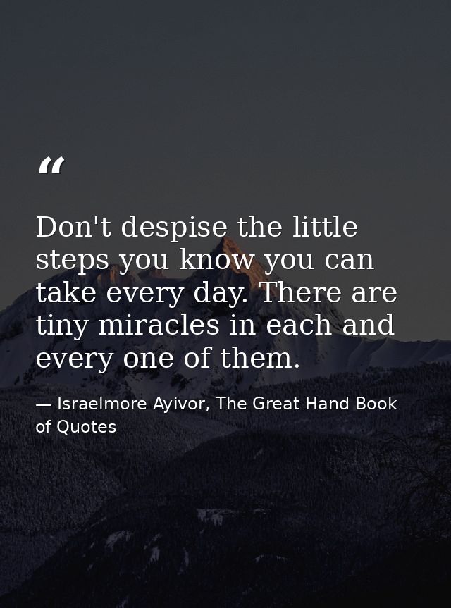 Don't despise the little steps you know you can take every day. There are tiny miracles in each and every one of them. — Israelmore Ayivor, The Great Hand Book of Quotes
