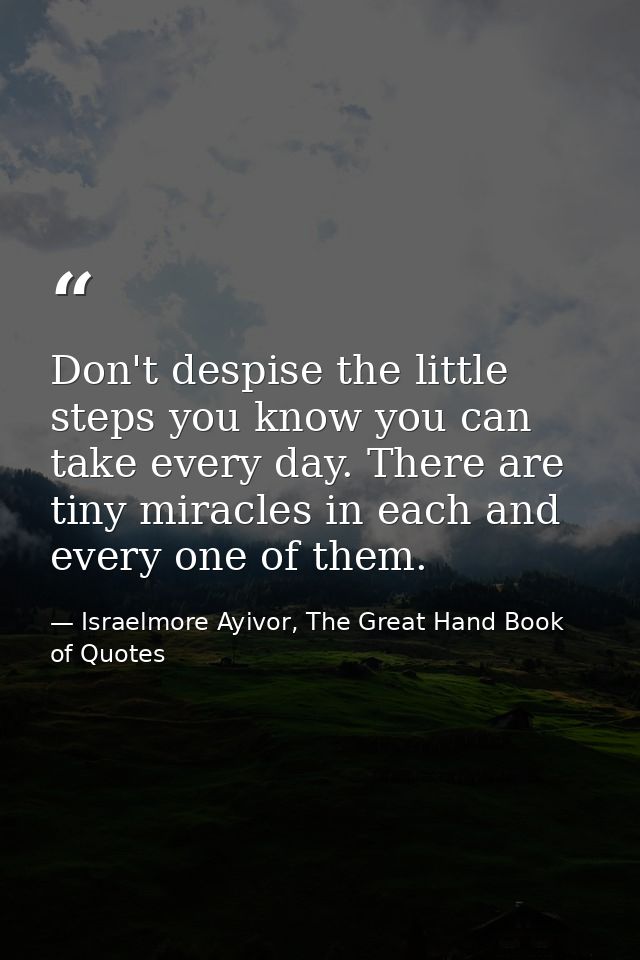 Don't despise the little steps you know you can take every day. There are tiny miracles in each and every one of them. — Israelmore Ayivor, The Great Hand Book of Quotes