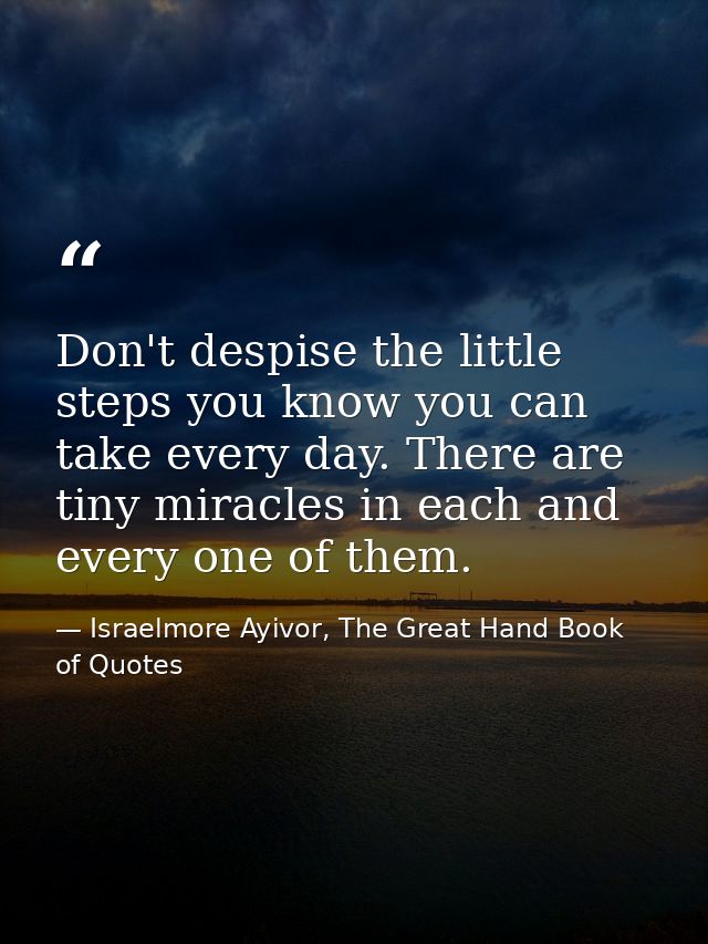 Don't despise the little steps you know you can take every day. There are tiny miracles in each and every one of them. — Israelmore Ayivor, The Great Hand Book of Quotes