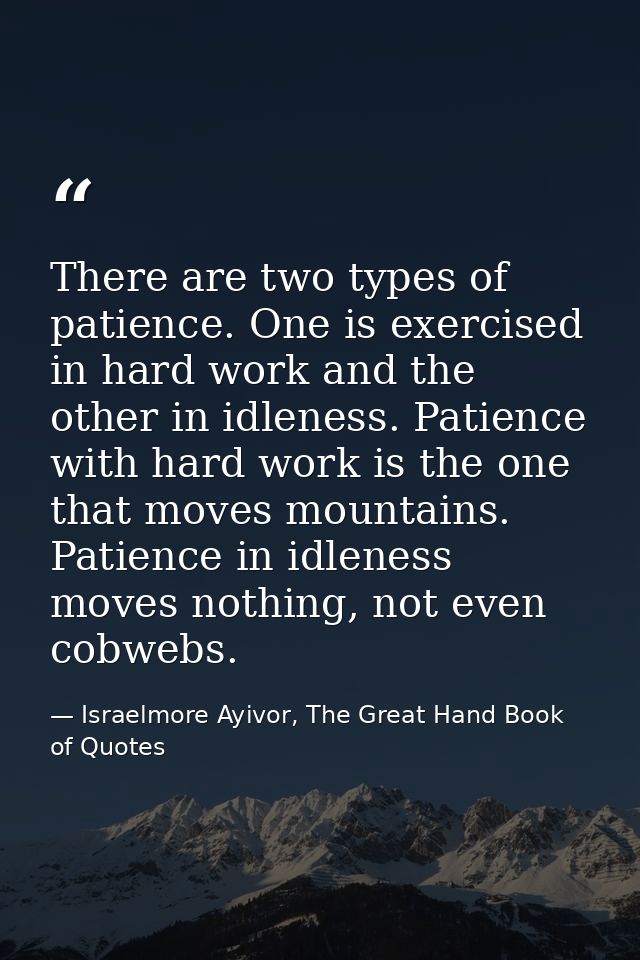 There are two types of patience. One is exercised in hard work and the other in idleness. Patience with hard work is the — Israelmore Ayivor, The Great Hand Book of Quotes