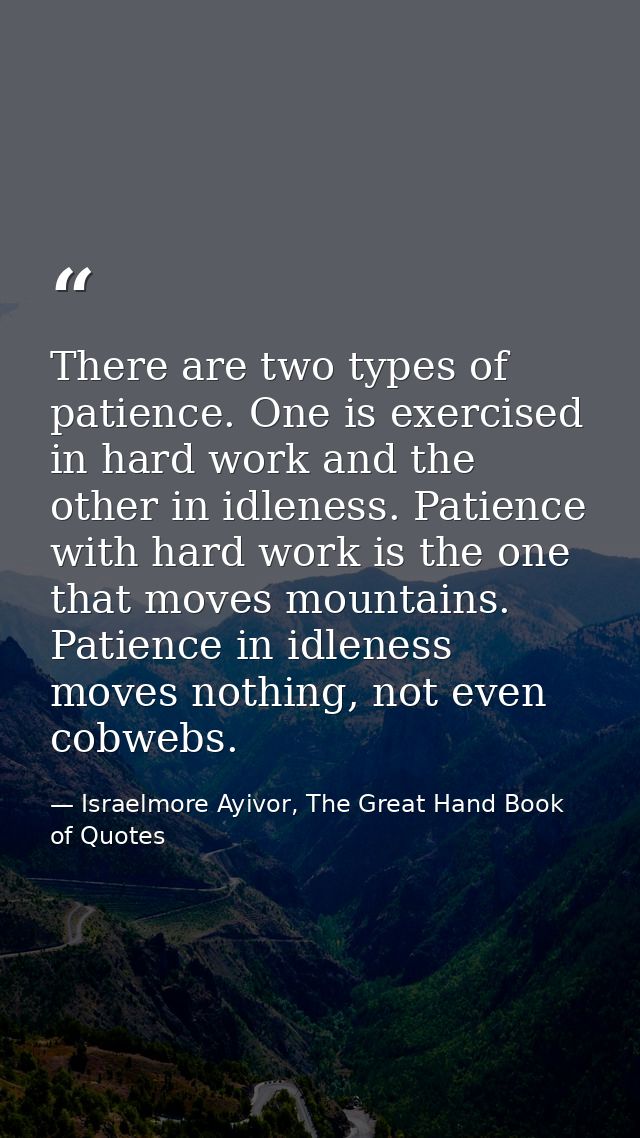 There are two types of patience. One is exercised in hard work and the other in idleness. Patience with hard work is the — Israelmore Ayivor, The Great Hand Book of Quotes