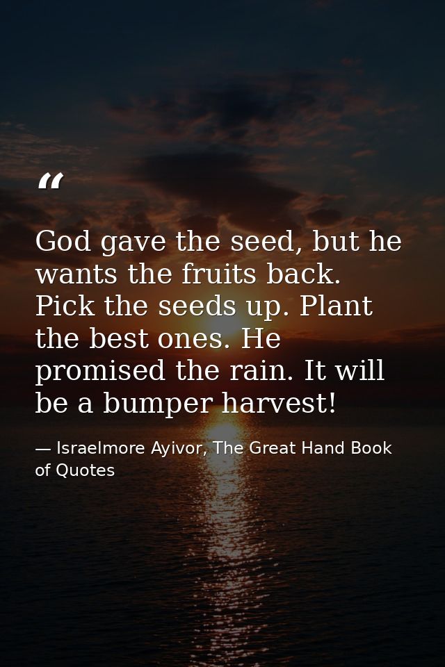 God gave the seed, but he wants the fruits back. Pick the seeds up. Plant the best ones. He promised the rain. It will b — Israelmore Ayivor, The Great Hand Book of Quotes