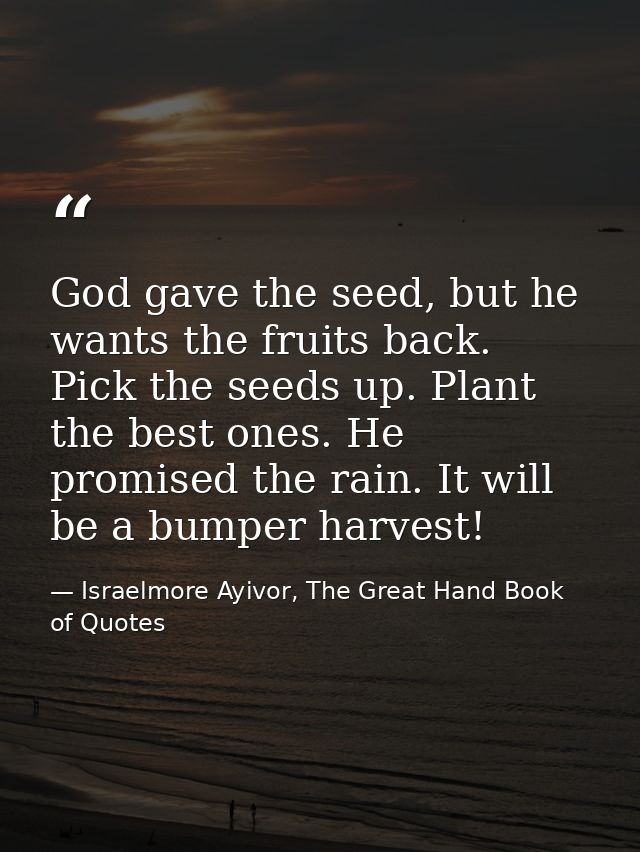 God gave the seed, but he wants the fruits back. Pick the seeds up. Plant the best ones. He promised the rain. It will b — Israelmore Ayivor, The Great Hand Book of Quotes