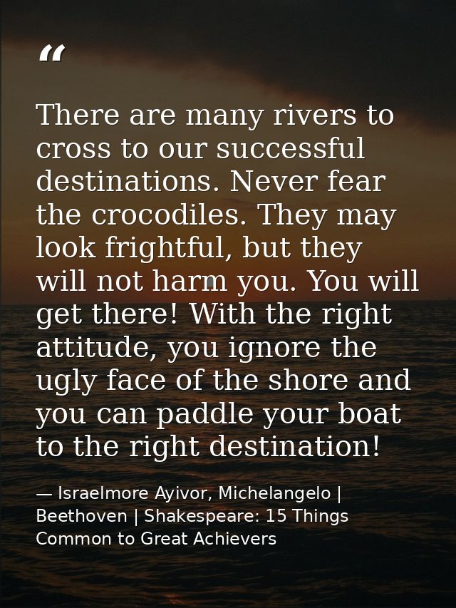 There are many rivers to cross to our successful destinations. Never fear the crocodiles. They may look frightful, but t — Israelmore Ayivor, Michelangelo | Beethoven | Shakespeare: 15 Things Common to Great Achievers