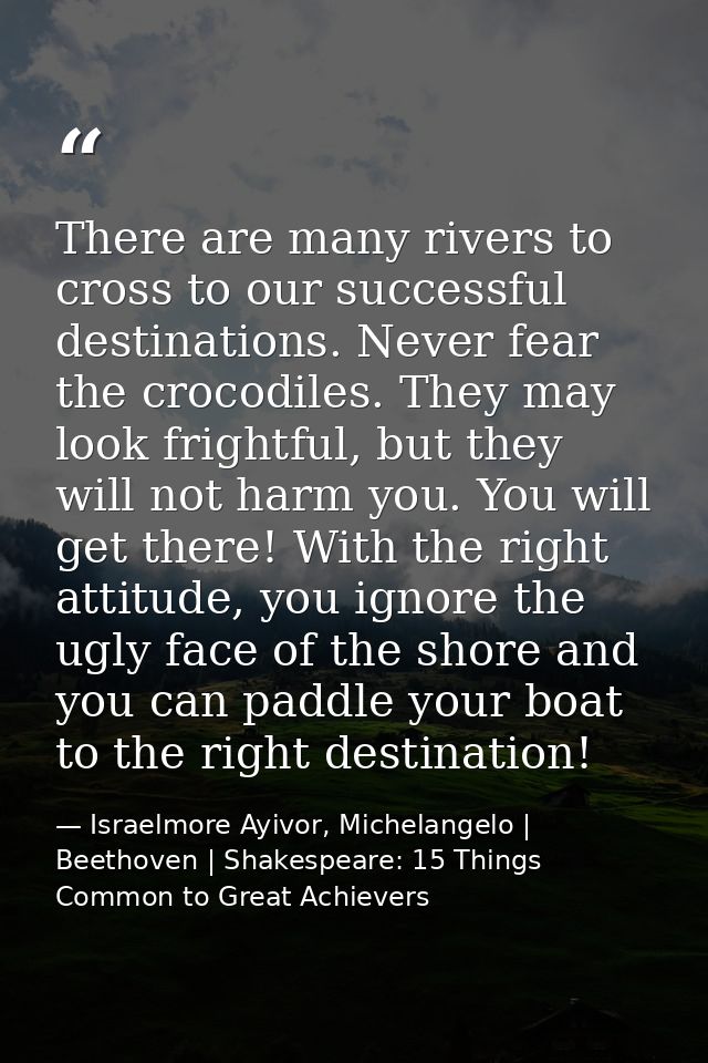 There are many rivers to cross to our successful destinations. Never fear the crocodiles. They may look frightful, but t — Israelmore Ayivor, Michelangelo | Beethoven | Shakespeare: 15 Things Common to Great Achievers